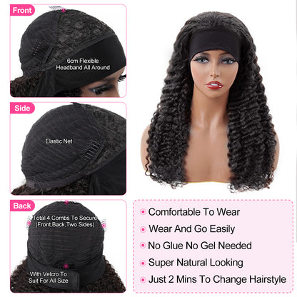 Reshine Hair Deep Wave Glueless Human Hair Wigs Natural Color Headband Wig Get Free Scarf - reshine