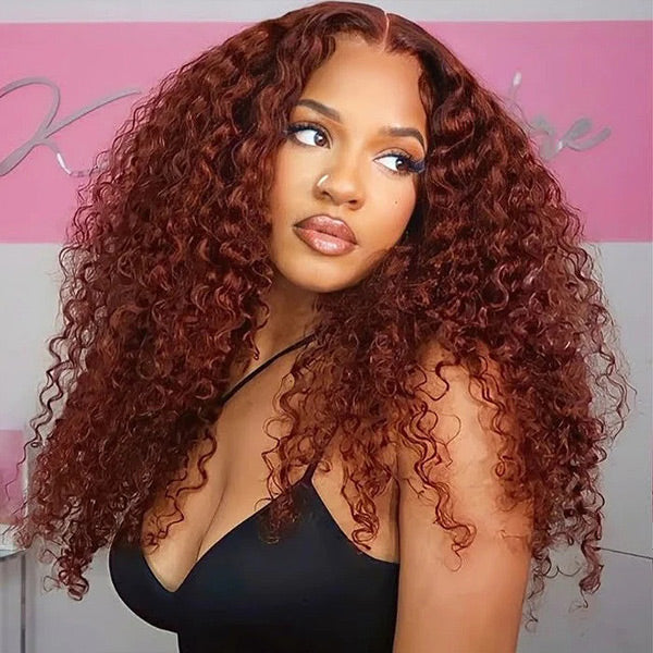 33 Reddish Brown Water Wave Human Hair Wear Go Glueless Wigs Pre-cut HD Lace Wigs - reshine