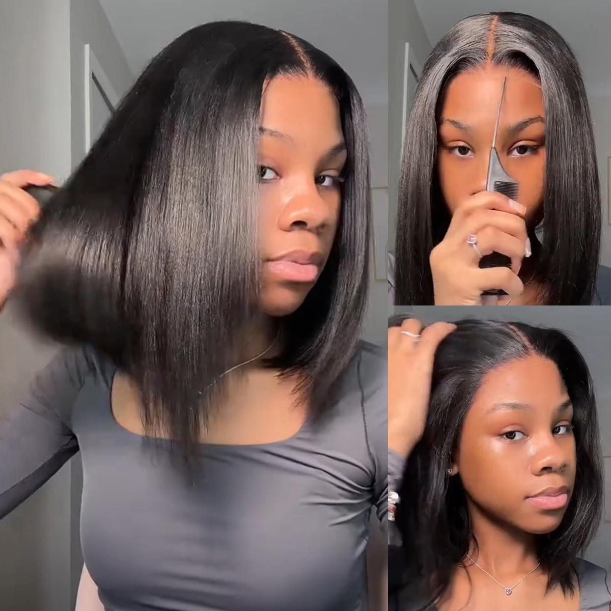 9x6 T Part Layered Yaki Straight Short Bob Wig Wear Go Glueless Human Hair Lace Wig Bleached Knots T Part Glueless Bob Wig - reshine