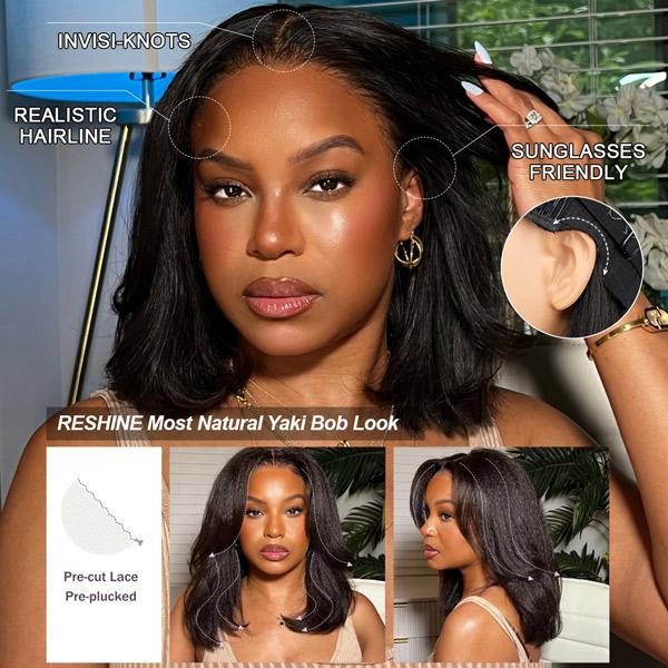 9x6 T Part Layered Yaki Straight Short Bob Wig Wear Go Glueless Human Hair Lace Wig Bleached Knots T Part Glueless Bob Wig - reshine