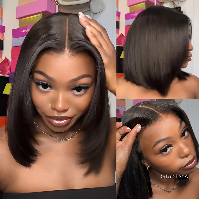 9x6 T Part Layered Yaki Straight Short Bob Wig Wear Go Glueless Human Hair Lace Wig Bleached Knots T Part Glueless Bob Wig - reshine
