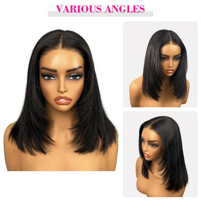 9x6 T Part Layered Yaki Straight Short Bob Wig Wear Go Glueless Human Hair Lace Wig Bleached Knots T Part Glueless Bob Wig - reshine