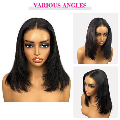 9x6 T Part Layered Yaki Straight Short Bob Wig Wear Go Glueless Human Hair Lace Wig Bleached Knots T Part Glueless Bob Wig - reshine