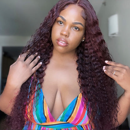 wine red human hair wigs water curly hair wigs