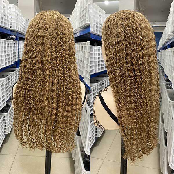 Curly Hair Wigs 27 Honey Blonde Water Wave Human Hair Wigs Pre Plucked - reshine