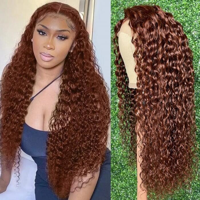 [Autumn Color ] 33 Reddish Brown Water Wave Human Hair Wigs For Women Curly Hair  Lace Front Wigs - reshine