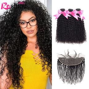 Brazilian Kinky Curly Weave Human Hair Bundles With 13x4 Lace Frontal Closure - reshine