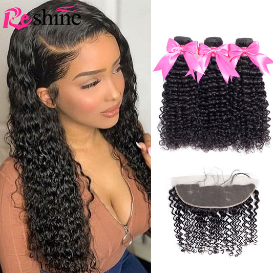 Water Wave Hair Bundles With Frontal Curly Weave Human Hair Bundles With Frontal Closure - reshine
