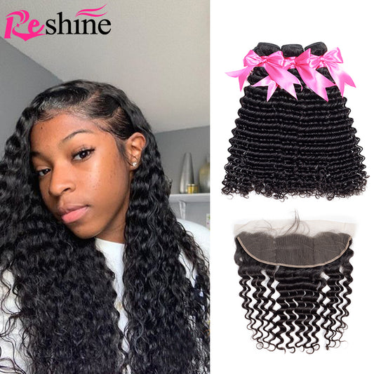 Deep Curly Hair Bundles With Frontal Deep Wave Brazilian Human Hair Weaving - reshine
