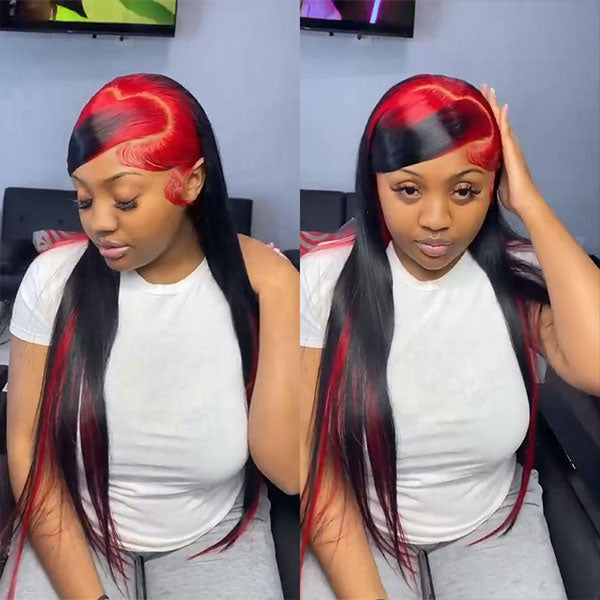 Demon Red & Black Color Straight Human Hair Wigs Two Tones Colored Wig - reshine
