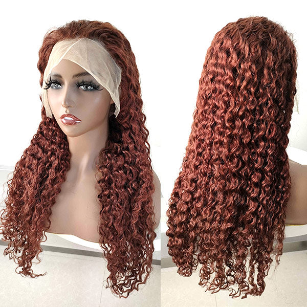 [Autumn Color ] 33 Reddish Brown Water Wave Human Hair Wigs For Women Curly Hair  Lace Front Wigs - reshine