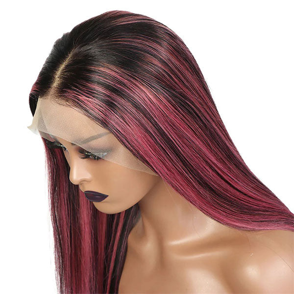 Ombre Black Hair With Purple Highlights Human Hair Wig Straight Hair Lace Front Wigs - reshine
