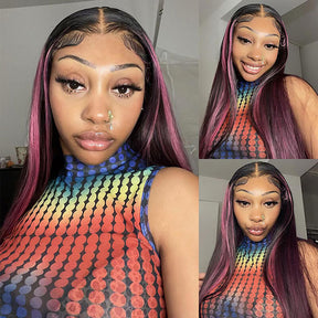 Ombre Black Hair With Purple Highlights Human Hair Wig Straight Hair Lace Front Wigs - reshine