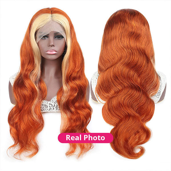 Skunk Stripe Hair Body Wave Human Hair Wigs Ginger Color Hair With Honey Blonde Streaks - reshine