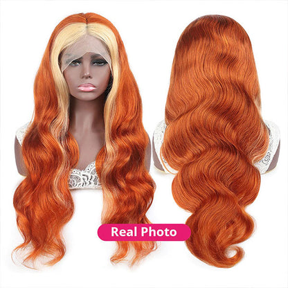 Skunk Stripe Hair Body Wave Human Hair Wigs Ginger Color Hair With Honey Blonde Streaks - reshine