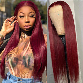wine red color lace front human hair wigs straight hair