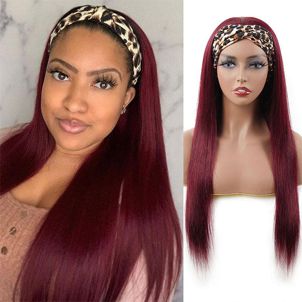 burgundy color straight hair headband wig