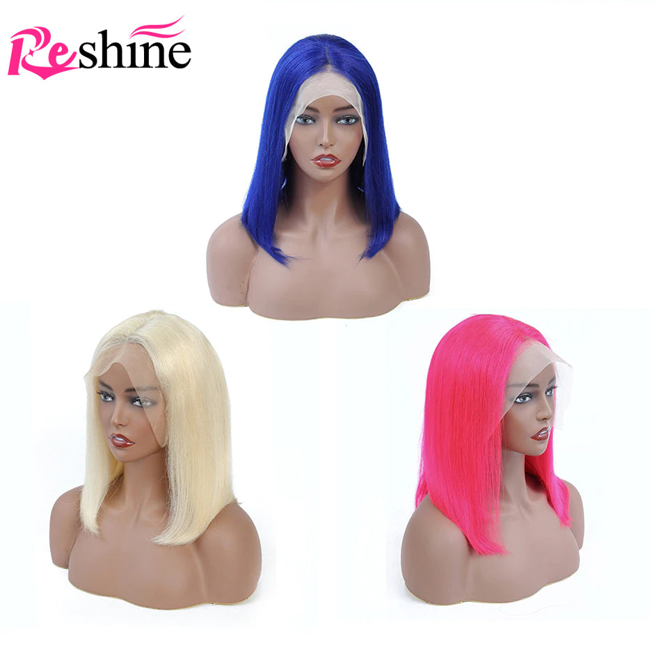 Pink Straight Bob Wig 613 / Blue 13X4 Short Lace Front Human Hair Wigs For Women - reshine