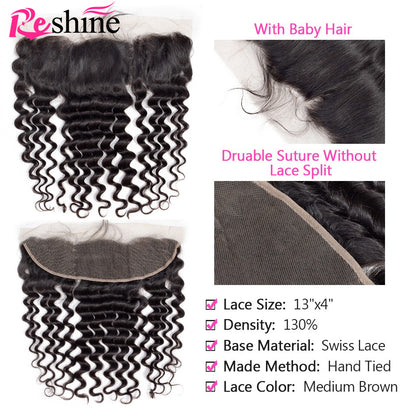Deep Wave Hair 3 Bundles With 13X4 Lace Frontal Closure Brazilian/Peruvian/Malaysian Hair - reshine