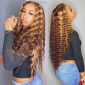 Honey Blonde Highlight Deep Wave Hair Lace Front Wigs Middle Part Human Hair Wigs For Women - reshine