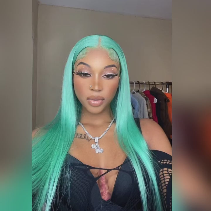 Fashion Hair Color Candy Blue Neon Green Color Straight Hair Lace Front Wigs