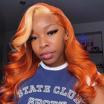 Skunk Stripe Hair Body Wave Human Hair Wigs Ginger Color Hair With Honey Blonde Streaks - reshine