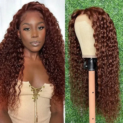 [Autumn Color ] 33 Reddish Brown Water Wave Human Hair Wigs For Women Curly Hair  Lace Front Wigs - reshine