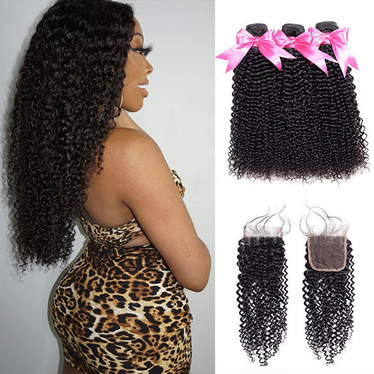 kinky curly human hair bundles with lace closure