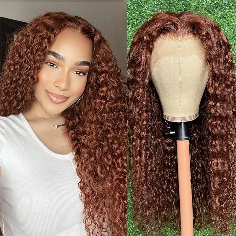 [Autumn Color ] 33 Reddish Brown Water Wave Human Hair Wigs For Women Curly Hair  Lace Front Wigs - reshine