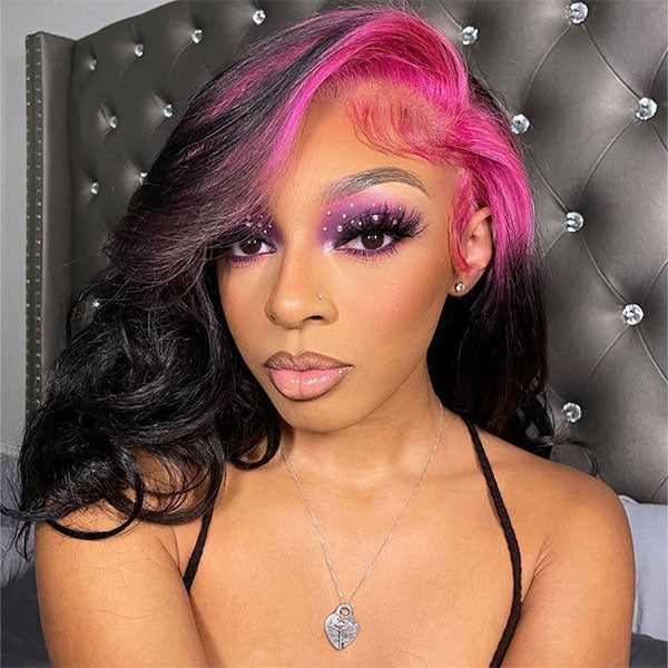 Viral Tiktok Root Pink Black Color Body Wave Lace Front Human Hair Wigs - reshine