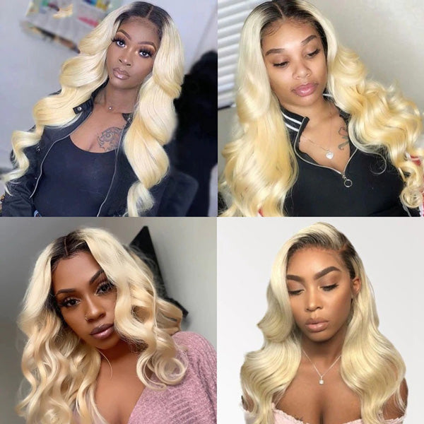 1b/613 Ombre Honey Blonde Body Wavve Hair Lace Front Wigs Dark Roots Human Hair Wigs - reshine