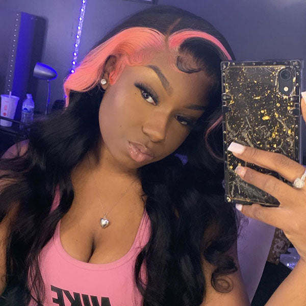 Hot Pink Wigs Human Hair Skunk Stripe Hair Black Girl Body Wave Lace Wigs - reshine