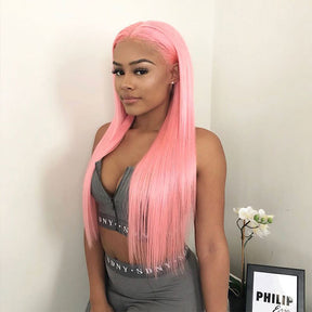 pink color straight hair lace front wigs