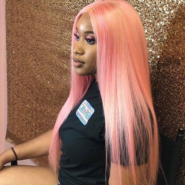 pink color straight human hair wigs