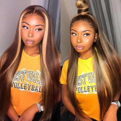 Reshinehair Straight Highlight Human Wigs Ombre Brown 4/27 Piano Color HD Lace Front Wig