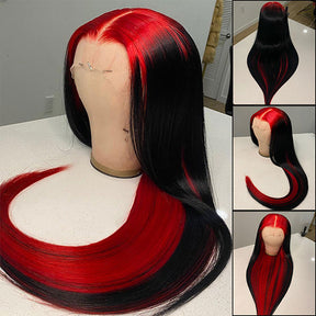 Demon Red & Black Color Straight Human Hair Wigs Two Tones Colored Wig - reshine