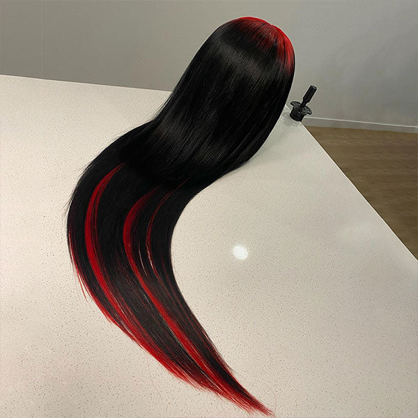 Demon Red & Black Color Straight Human Hair Wigs Two Tones Colored Wig - reshine
