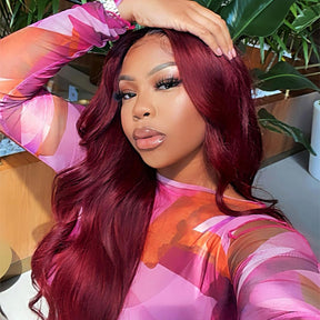 wine red body wave hair lace front wigs